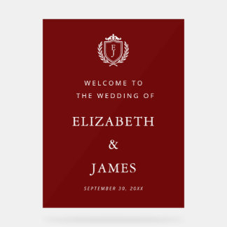 Burgundy Crest Wedding Welcome, Custom Initials Acrylschild