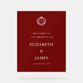 Burgundy Crest Wedding Welcome, Custom Initials Acrylschild (Vorderseite)