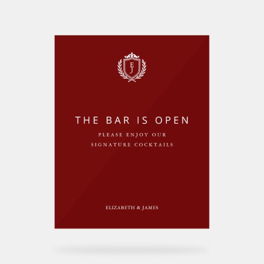 Burgundy Crest Wedding Welcome, Custom Initials Acrylschild (Vorderseite)