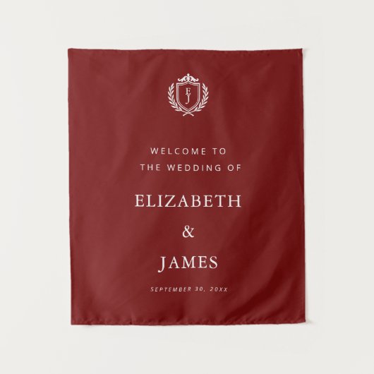 Burgundy Crest Wedding Welcome, Custom Initials Wandteppich (Vorderseite)