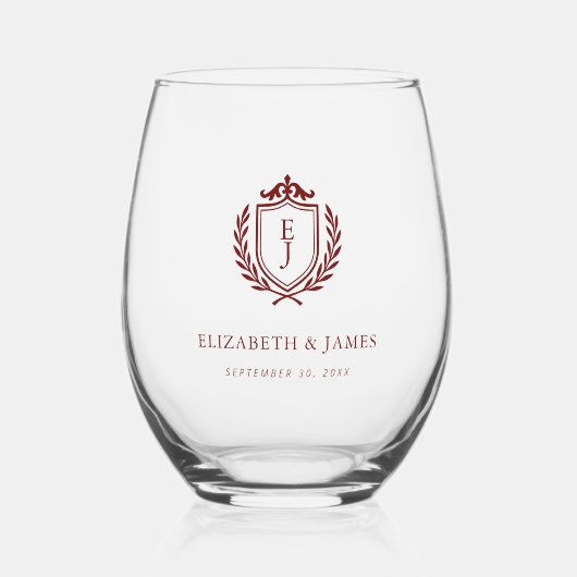 Burgundy Crest Wedding Welcome, Custom Initials Weinglas Ohne Stiel (Rückseite)