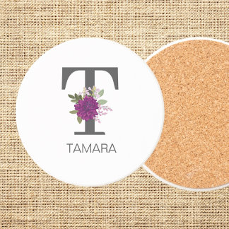 Burgundy Dahlia Floral Alphabet Letter Monogram   Getränkeuntersetzer