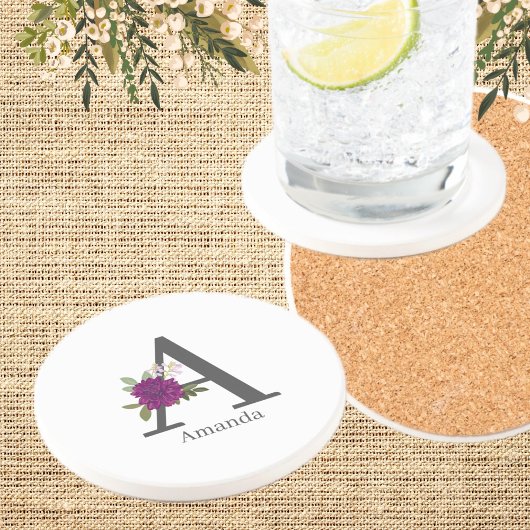 Burgundy Dahlia Floral Alphabet Letter Monogram  Getränkeuntersetzer