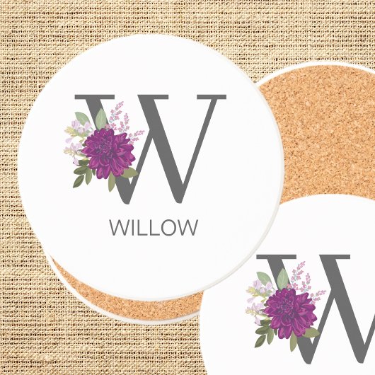 Burgundy Dahlia Floral Alphabet Letter Monogram   Getränkeuntersetzer