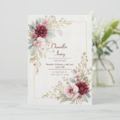 Burgundy Dahlia Pink Rose Gold Frame Wedding Einladung (Stehend Vorderseite)