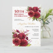 Burgundy Dahlia Rose Floral Gold Glitzer Geburtsta Einladung (Stehend Vorderseite)