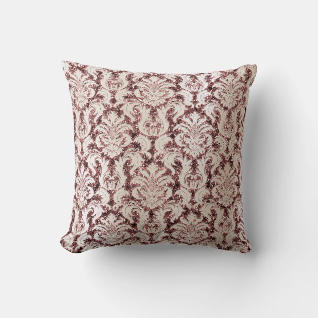 Burgundy Damask Pink Rose Gold-Sequenz Ivory Pearl Kissen (Vorderseite)