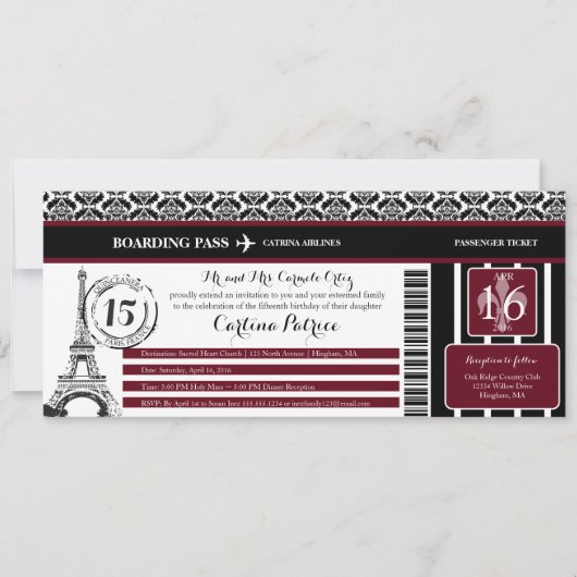 Burgundy Damask Quinceanera Paris Boarding Pass Einladung (Vorderseite)