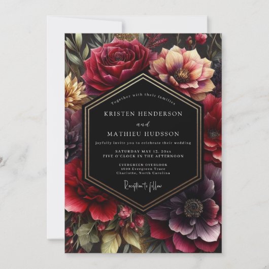 Burgundy Dark Bloom Wedding Einladung (Vorderseite)