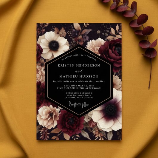 Burgundy Dark Floral Nocturne Wedding Einladung
