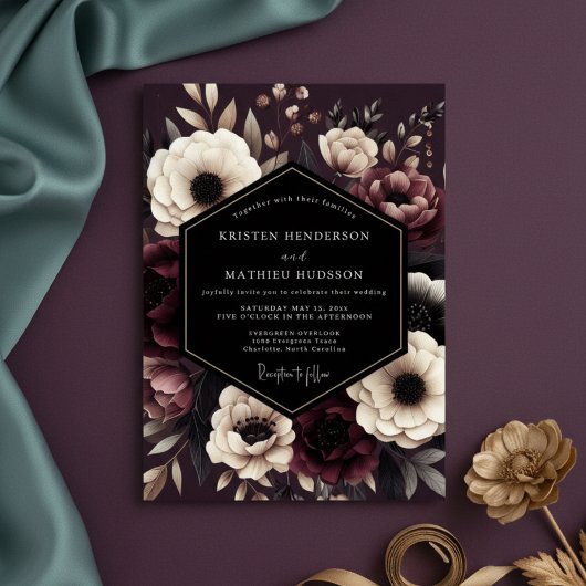 Burgundy Dark Floral Romance Wedding Einladung