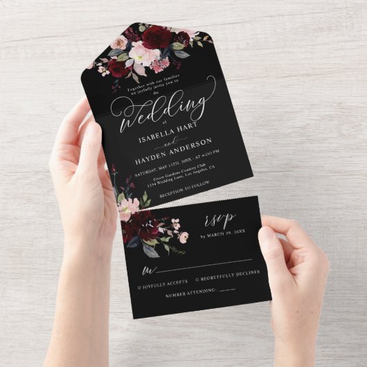 Burgundy Dark Moody Floral Black Elegant Wedding All In One Einladung (Abreißen)