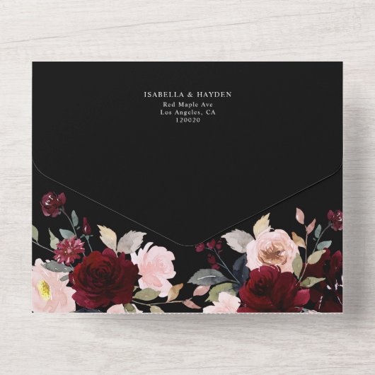 Burgundy Dark Moody Floral Black Elegant Wedding All In One Einladung (Rückseite)