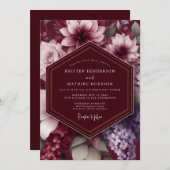 Burgundy Dramatic Botanical Wedding Einladung (Vorne/Hinten)
