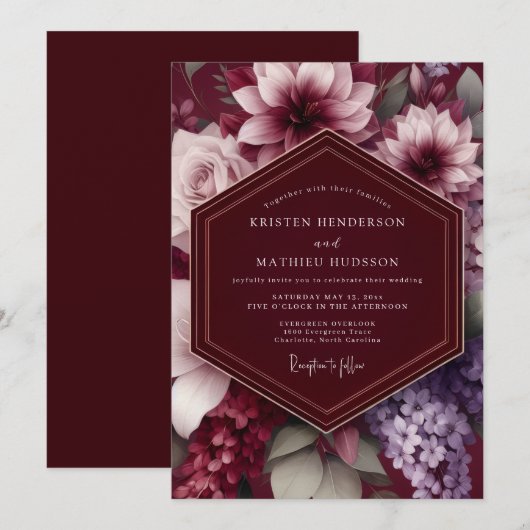 Burgundy Dramatic Botanical Wedding Einladung (Vorne/Hinten)