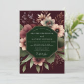 Burgundy Dramatic Floral Wedding Einladung (Stehend Vorderseite)