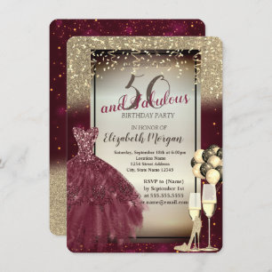 Burgundy Dress,Ballons,Gold 50. Geburtstag Einladung