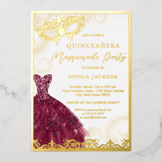 Burgundy Dress Gold Masquerade Party Quinceanera Folieneinladung