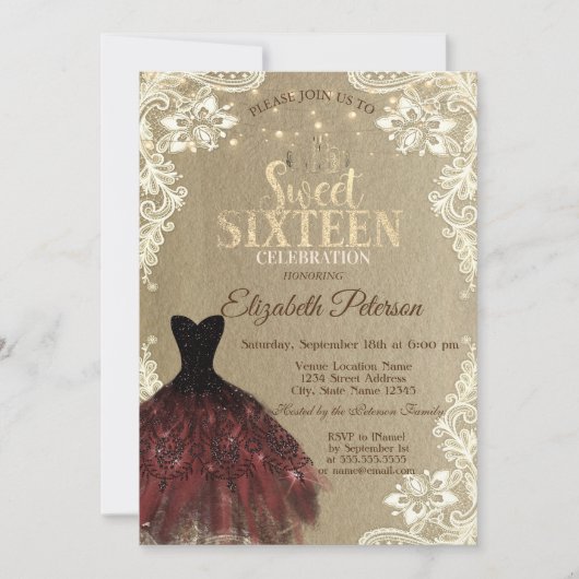 Burgundy Dress,Lights,Lace Kraft Sweet 16 Party Einladung (Vorderseite)