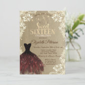 Burgundy Dress,Lights,Lace Kraft Sweet 16 Party Einladung (Stehend Vorderseite)