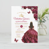 Burgundy Dress Quinceañera 15 Anos Blume Gold Einladung (Stehend Vorderseite)