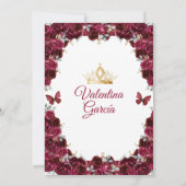 Burgundy Dress Quinceañera 15 Anos Blume Gold Einladung (Rückseite)