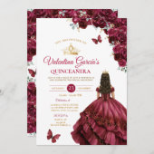 Burgundy Dress Quinceañera 15 Anos Blume Gold Einladung (Vorne/Hinten)