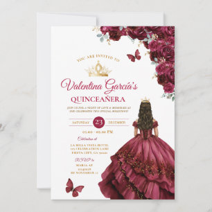 Burgundy Dress Quinceañera 15 Anos Blume Gold Einladung