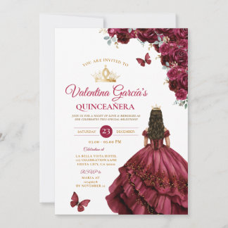 Burgundy Dress Quinceañera 15 Anos Blume Gold Einladung