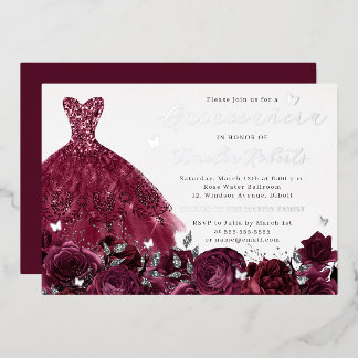 Burgundy Dress Silver Floral Butterfly Folieneinladung