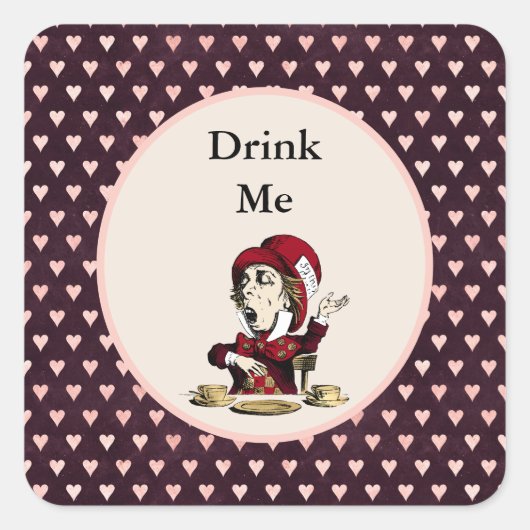 Burgundy Drink Me Mad Hatter Alice im Wunderland Quadratischer Aufkleber (Vorderseite)