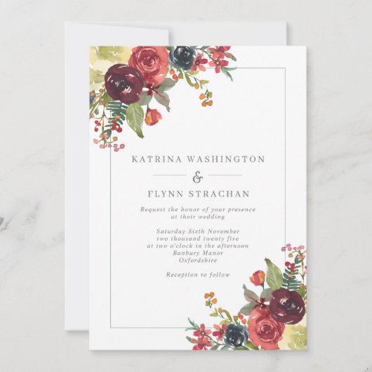 Burgundy & Dusty Blue Fall Floral Border Wedding Einladung (Vorderseite)