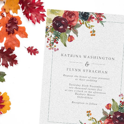 Burgundy & Dusty Blue Fall Floral Border Wedding Einladung