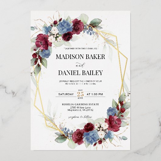 Burgundy Dusty Blue Floral Geometric Folieneinladung (Vorderseite)