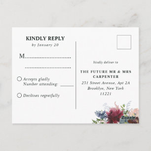 Burgundy Dusty Blue Floral Watercolor Wedding RSVP Postkarte