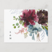 Burgundy Dusty Blue Floral Watercolor Wedding RSVP Postkarte (Vorderseite)