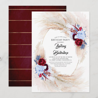 Burgundy Dusty Blue Pampas Grass Birthday Party Einladung