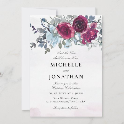 Burgundy Dusty Blue Rose Christliche Hochzeit Einladung (Vorderseite)