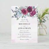 Burgundy Dusty Blue Rose Christliche Hochzeit Einladung (Stehend Vorderseite)