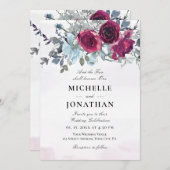 Burgundy Dusty Blue Rose Christliche Hochzeit Einladung (Vorne/Hinten)