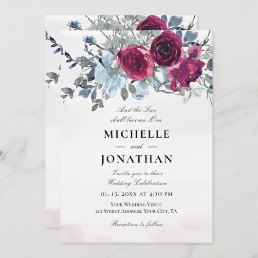 Burgundy Dusty Blue Rose Christliche Hochzeit Einladung (Vorne/Hinten)
