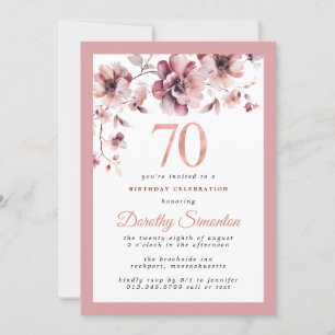 Burgundy Dusty Blush Pink Floral 70. Geburtstag Einladung