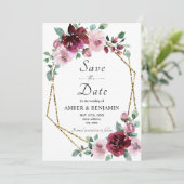 Burgundy Dusty Rose Floral Gold Save the Date Einladung (Stehend Vorderseite)
