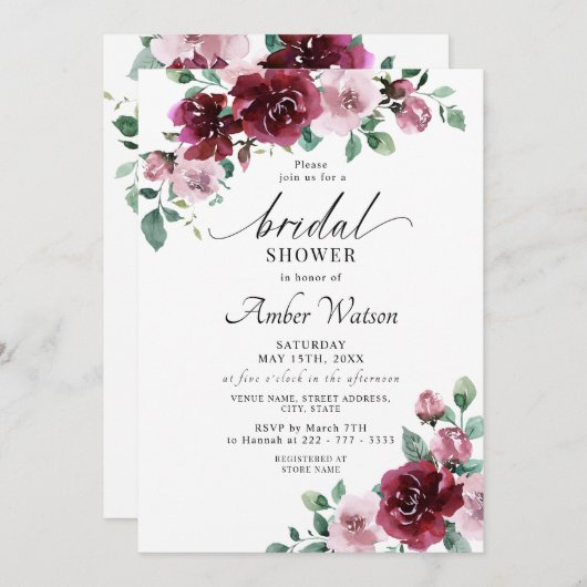 Burgundy Dusty Rose Floral Maroon Brautparty Einladung (Vorne/Hinten)