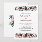 Burgundy Dusty Rose Wasserfarbenflorale Hochzeit Einladung (Vorne/Hinten)