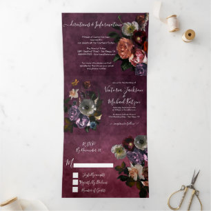 Burgundy Dutch Master Floral Dark & Moody Wedding Dreifach Gefaltete Einladung