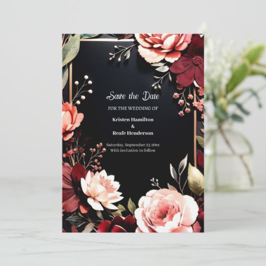 Burgundy Elegance außerhalb des Fotos Save The Date (Stehend Vorderseite)