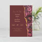 Burgundy Elegance mit Gold Custom Foto Wedding Save The Date (Stehend Vorderseite)