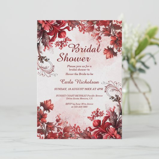 Burgundy Elegant Blumendusche Einladung (Stehend Vorderseite)