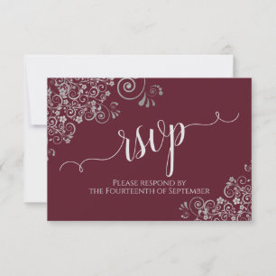 Burgundy Elegant Calligraphy Silver Frills Wedding RSVP Karte